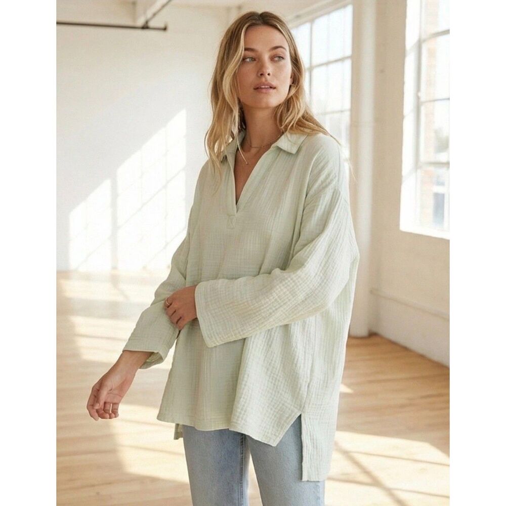 J. JILL PURE JILL 100% Organic Cotton Gauzy V-Neck L/S Tunic, Pockets, Sz LP